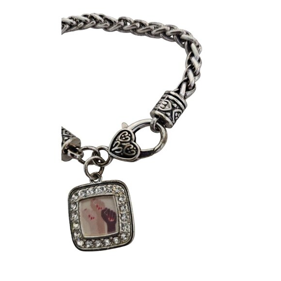 Silver-Tone Woven Bracelet with Heart Clasp & Rhinestone Charm - Picture 3 of 6